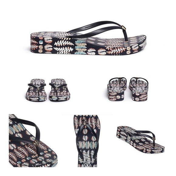 TORY BURCH Thandie Navy/Fern Print Wedge Flip Flop - Picture 1 of 12